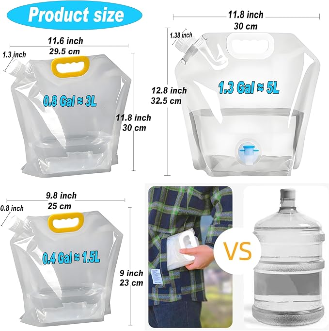 Collapsible Water Storage Bag 3-Pack(0.4 Gal + 0.8 Gal + 1.3 Gal) Portable Water Container with Faucet for Camping,Hiking, Emergency | Transparent Outdoor Water Bag with Carry Handle (3-Pack 2.5 Gal)