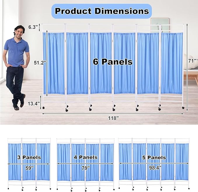 Medical Privacy Screen on Wheels, Foldable Medical Room Divider with Lockable casters, Waterproof Nylon Panel, Portable Privacy Screen for Room, Easy to Clean (Blue 5 Panels)