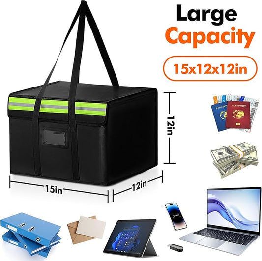 Fireproof Document Bags, Fireproof Document Box for Cash, Photo Albums, Valuables, Extra Large Fireproof Bag Waterproof Document Storage with Reflective Strip, 15x12x12in, Black