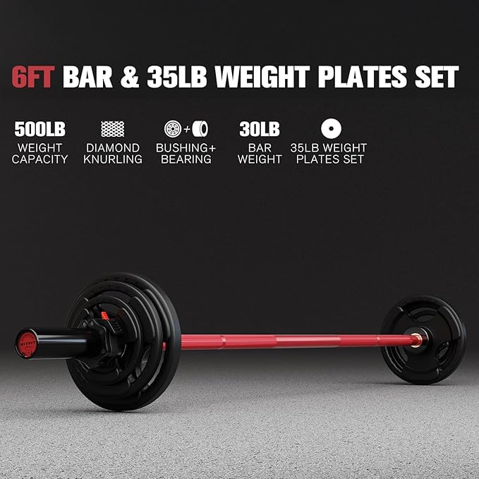RitFit Barbell Weight Set - 4/6FT Olympic Barbell with Weight Plates (55-275LB Total) - Weightlifting Equipment for Squats, Curls, Deadlifts, Presses, Hip Thrusts