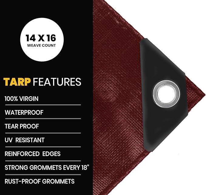 PROTARP Extra Heavy Duty 16 Mil Tarp Cover, Waterproof, UV Resistant, Rip and Tear Proof, Poly Tarpaulin with Reinforced Edges for Roof, Camping, Patio, Pool, Boat. (Maroon/Black 16′ X 20′)