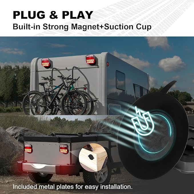 Wireless Trailer Lights 110° Rotatable, Magnetic LED Trailer Light for Towing Truck RV, Rechargeable Tail Tow Lights Kit for Camper Boat Caravan Turn Signal Brake Reverse Stop, IP67 Waterproof