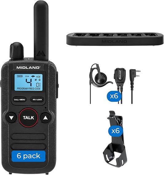 Midland BR180 BizTalk - UHF Business Two-Way Radio – 1W, 56 Channels, Headset, Desktop Charger, Rechargeable Battery – for Warehouse & Hospitality (6-Pack)