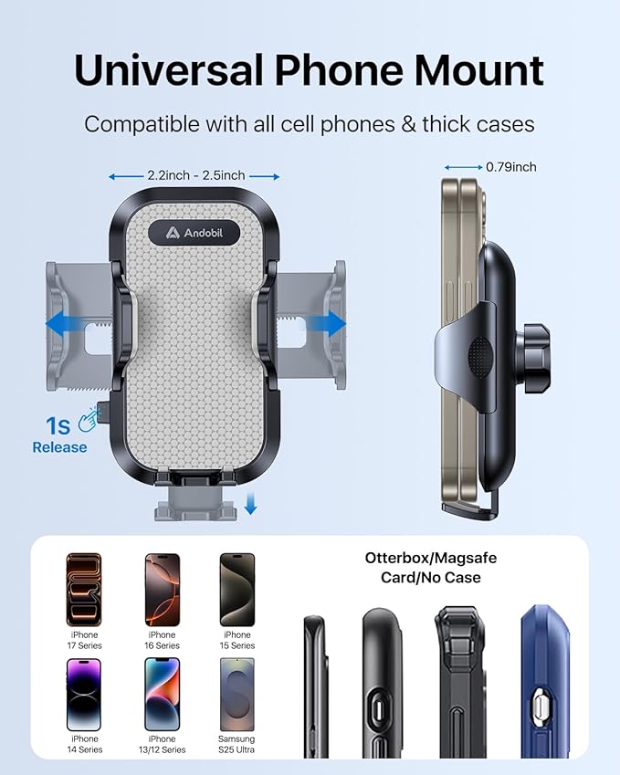 andobil Car Phone Holder, 2025 Military-Grade 89lbs Strongest Suction Phone Holders for Your Car Dashboard/Windshield/Vent Easy Clamp Cellphone Holder Truck Stand for iPhone 17 16 15 Pro Samsung Grey