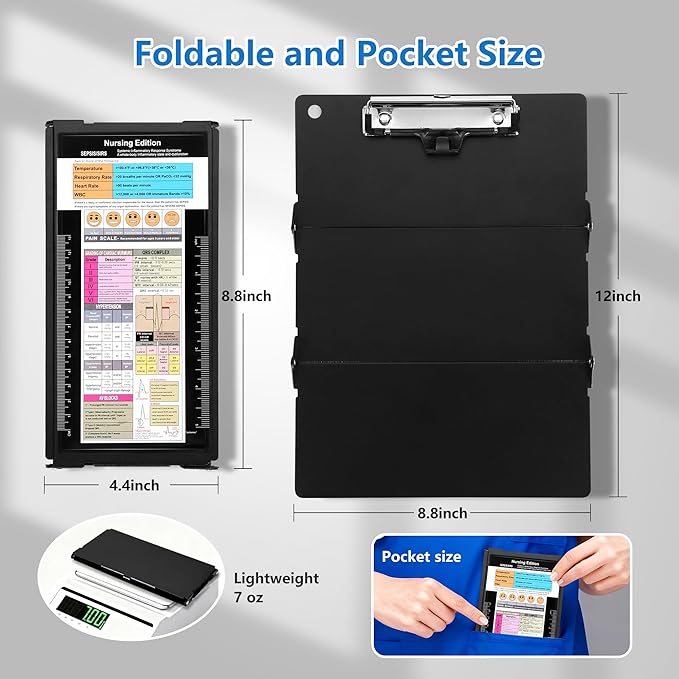 2 Pcs Nursing Foldable Medical Clipboard, Edition Cheat Sheets Lithium 3 Layers Foldable Clipboards Nursing Pocket Size Profile Clip Nurse Clipboards Notepad for Nurses Students and Doctors, Black