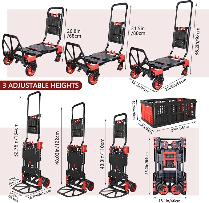 Folding Hand Truck, 2 in 1 Portable Heavy Duty Carrying Moving Dolly Cart with 4 Foldable Wheels and Retractable Handle Duty 330lbs (Red with Folding Basket)