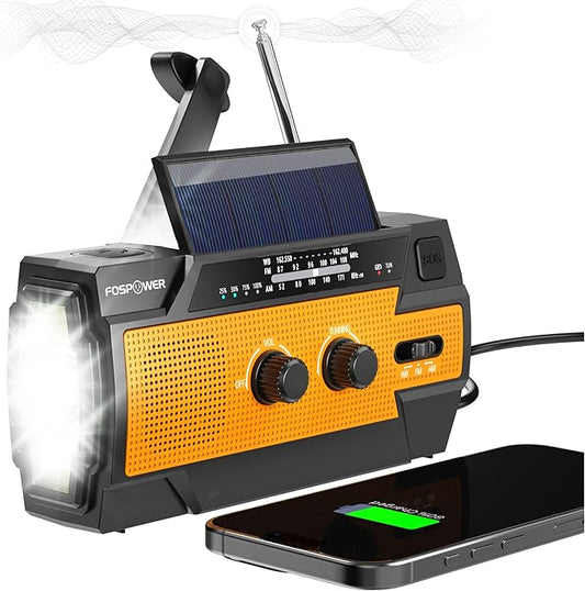 FosPower NOAA Emergency Weather Radio A3 14800mWh Portable Power Bank, AM/FM, USB/Solar/Hand Crank Charging, SOS Alarm & Flashlight for Indoor/Outdoor Emergency - Orange