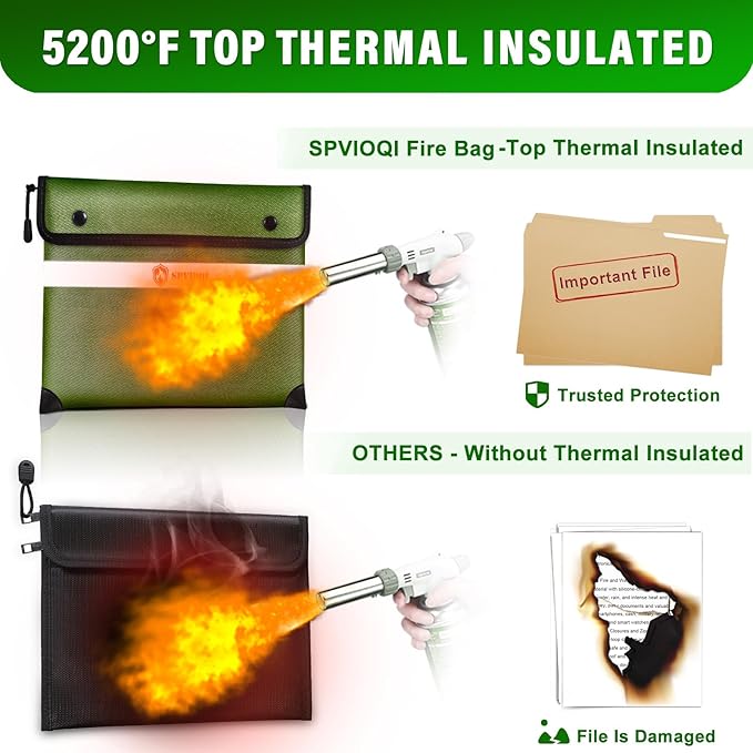 SPVIOQI Upgraded 5200F Fireproof Document Bag - Heat Insulated, 8 Layers of Functional Materials, Water Resistant, Fireproof Safe Pouch with Zipper, Perfect for Cash/Documents/Valuables
