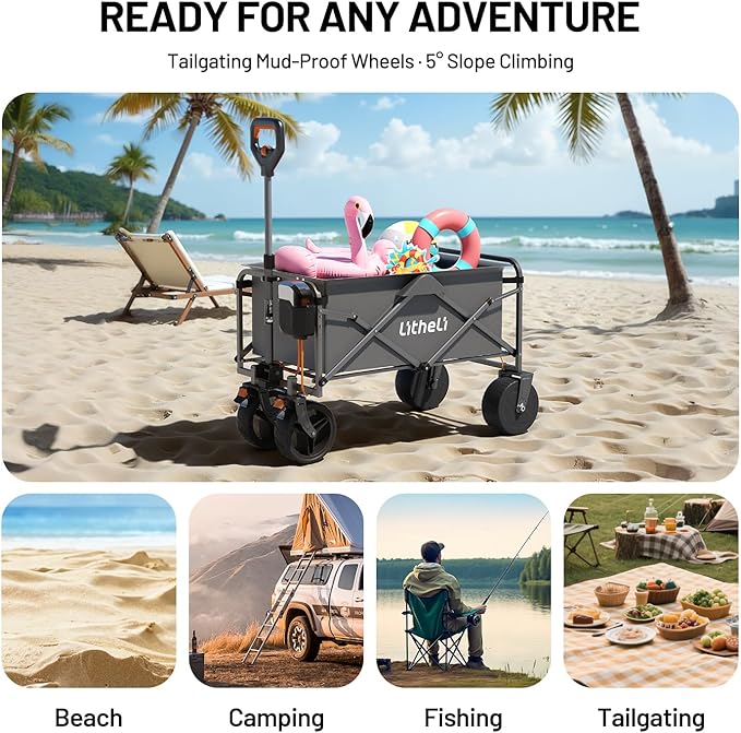 Litheli Electric Collapsible Wagon Cart with Brakes, 100L Grocery Cart with Wheels,Easy to Carry Folding Wagon for Camping, Gardening, Shopping（Grey with 1 Battery）