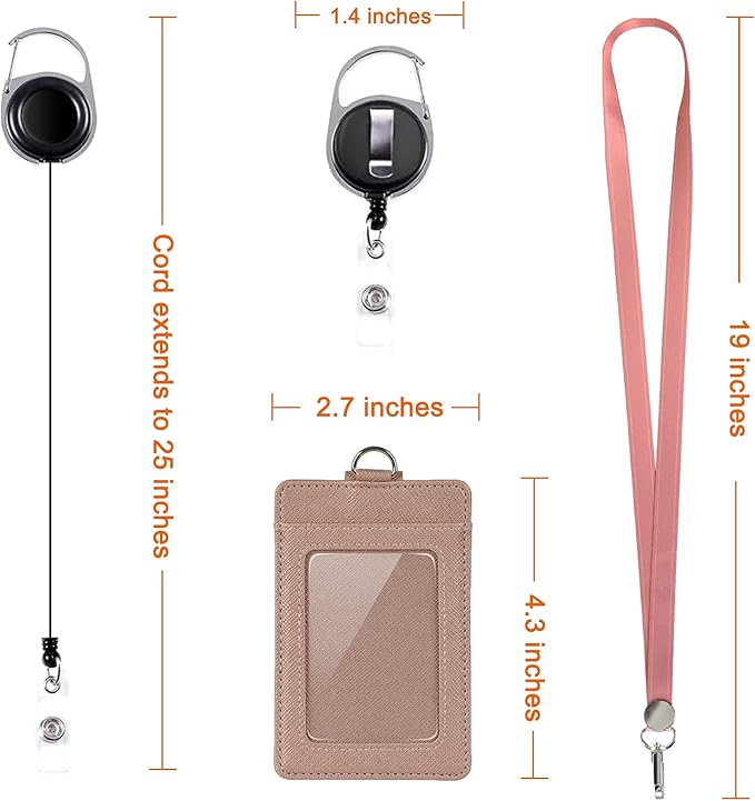 Life-Mate Badge Holder - Leather ID Badge Card Holder Wallet Case with 3 Cards Slot and Neck Lanyard/Strap. Additional Retractable Badge Reel with Belt Clip (Rose Gold)