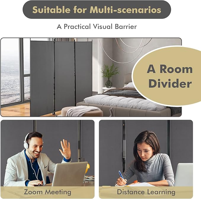 Giantex 3 Panel Room Divider with Wheels, 103''W x 71''H Folding Privacy Screen, Rolling Partition Room Dividers for Home Office Studio, Freestanding Fabric Wall Divider for Room Separation, Gray