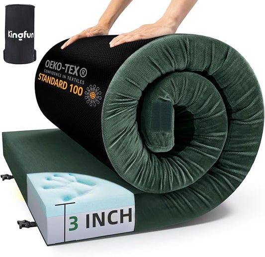 Kingfun 3 Inch CertiPUR-US Memory Foam Camping Mattress, Waterproof Roll up Sleeping Pad for Adults, Comfortable Thick Floor Sleeping Mats for Car Truck Tent with Removable Travel Bag