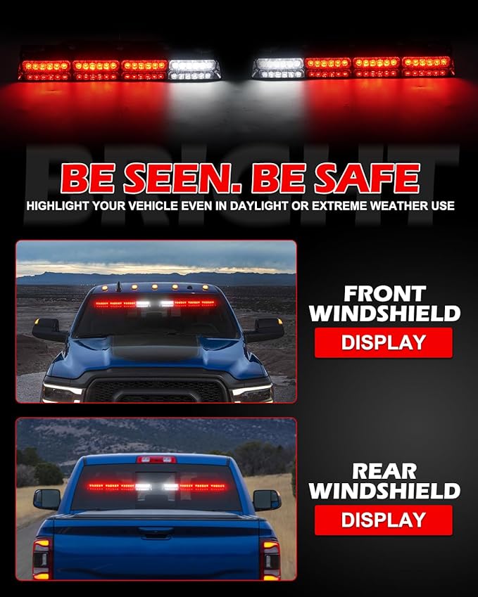 HLauto 604N Emergency Dash Strobe Lights: 2x16.8 inch Red Security Light w/Take Down, 48 LED Safety Flashing Warning Hazard Interior Windshield Light Bar for Trucks Vehicles