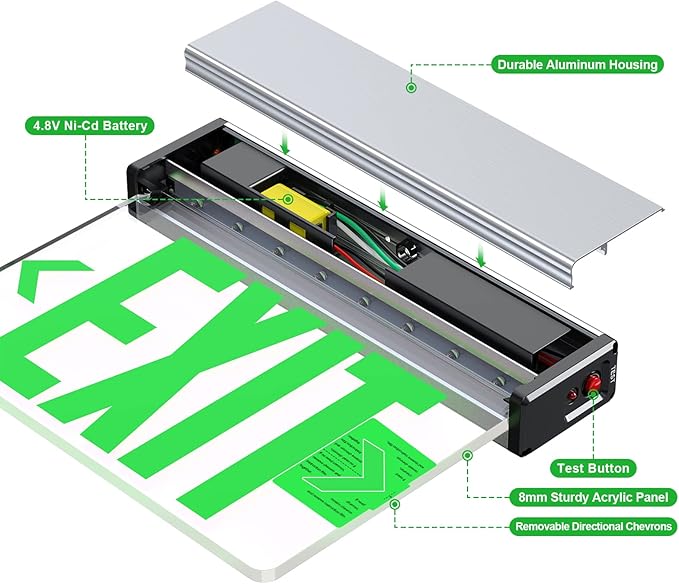 Green Led Edge Lit Exit Sign UL Listed, Brushed Aluminum Housing Double-Sides Mirrored Acrylic Emergency Exit Signs with Battery Backup, AC 120-347V Hardwired Exit Lights, Top/Side/Wall Mount (1 Pack)