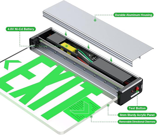 Green LED Edge Lit Exit Sign Brushed Aluminum Housing, UL Listed Emergency Exit Signs Single Sided Clear Acrylic with Battery Backup, AC 120-347V Hardwired Exit Lights, Top/Side/Wall Mount (1 Pack)