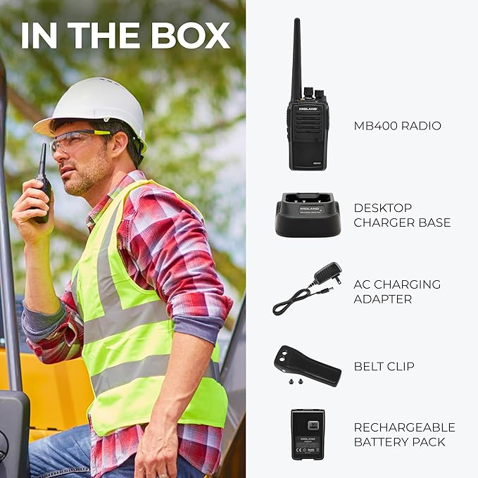 Midland – MB400 - Business Two-Way Radio - Easy to Program - Long-Range 16 Channels Coverage for up to a 350,000 Square Foot Warehouse Construction Hospitality and Event Management - IP67 Waterproof