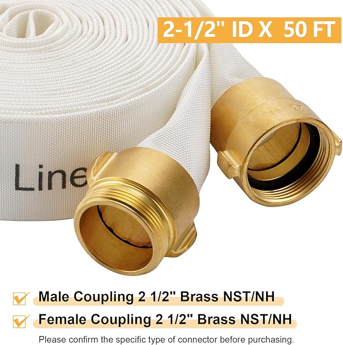 Fire Hose, 2-1/2" ID X 50 FT, Single Jacket TPU, 450 PSI Burst Pressure, Industrial Fire Hose with NST/NH Brass Couplings for Indoor Use
