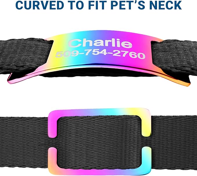GoTags Slide-On Pet ID Tags, Curved Personalized Dog and Cat, Silent, No Noise Stainless Steel, Custom Engraved in 4 Sizes for Large and Small Pets, Rainbow