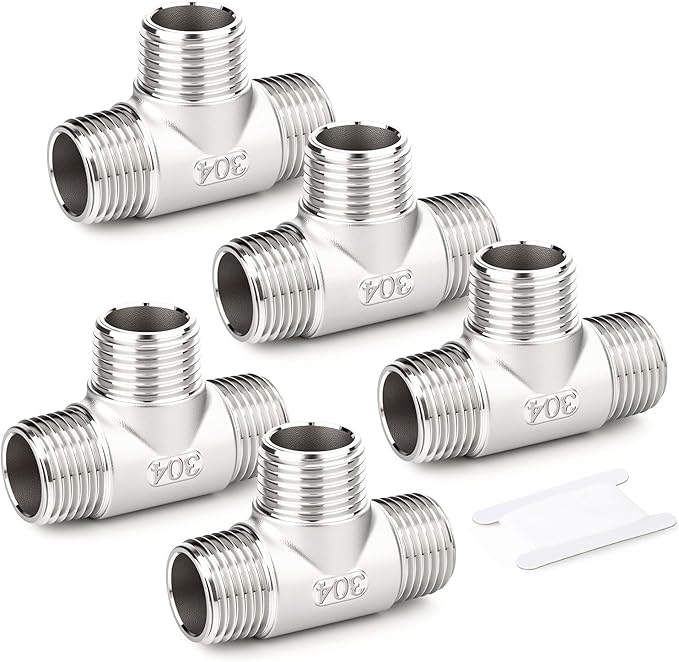 TAISHER 5PCS 304 Stainless Steel Tee Pipe Fittings, 1/2" x 1/2" x 1/2" NPT Male Pipe Fittings