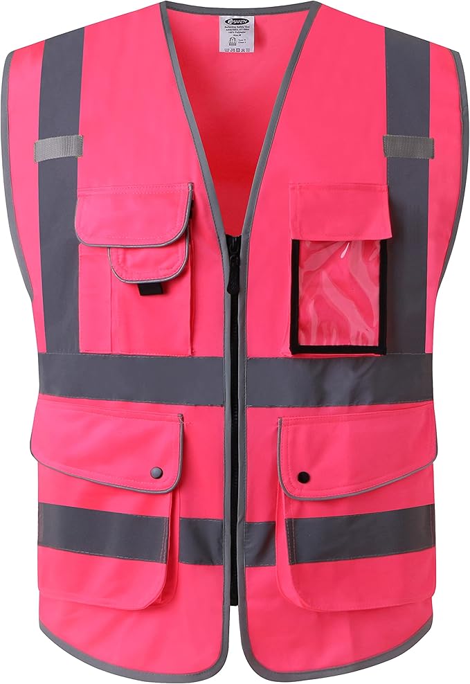 JKSafety 9 Pockets Class 2 High Visibility Zipper Front Safety Vest With Reflective Strips, Meets ANSI/ISEA Standards (X-Large, 150-Pink)