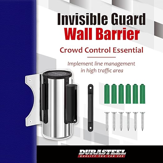 DuraSteel Wall Mount Crowd Control Retractable Belt Barrier- 9.2 Ft Blue Retractables Barrier Belt w/Stainless Steel Casing - Do Not Enter Crowd Control Barriers NOT Stanchions with Retractable Belts