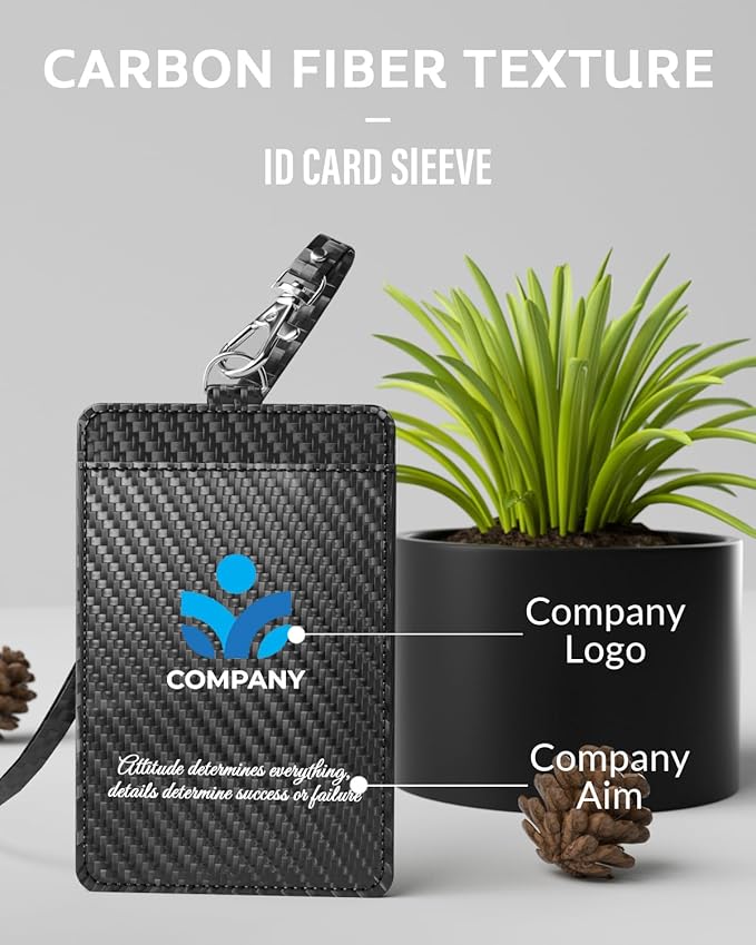 Carbon Fiber Work ID Card Holder with Lanyard is a Stylish and Durable Card Holder with Dual Card Capacity, Clear Display Window and Privacy Back Pocket (with Logo)
