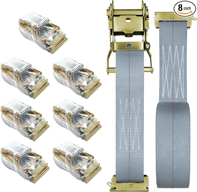 8Pack E-Track Straps Ratchet Etrack Strap Box Truck Strap Tie Down Heavy Duty 2" x15' 4400lbs Breaking Load, 2200 Working Load E-Track Accessories Grey