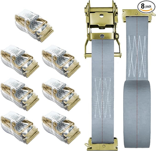8Pack E-Track Straps Ratchet Etrack Strap Box Truck Strap Tie Down Heavy Duty 2" x15' 4400lbs Breaking Load, 2200 Working Load E-Track Accessories Grey