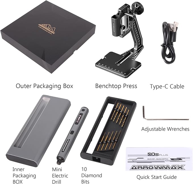 AM ARROWMAX Mini Electric Drill Pen with Benchtop Press, 5-Speed, 10 Small Drill Bits with Aluminium Box, LED Lights, OLED Display, Resin Drill Set For Jewelry Making, Plastic, Wood (SDS ULTRA PLUS)