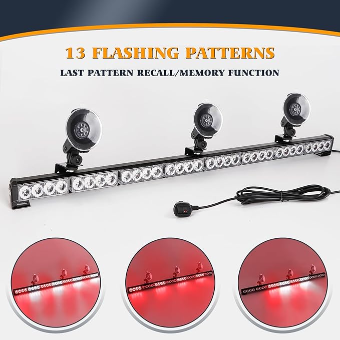 35.5 Inch Traffic Advisor Strobe Light Bar Hazard Warning Emergency 32 LED High Intensity Directional Flashing Safety Lightbar 13 Flashing Modes with Cigarette Lighter Suction Cups (Red White)