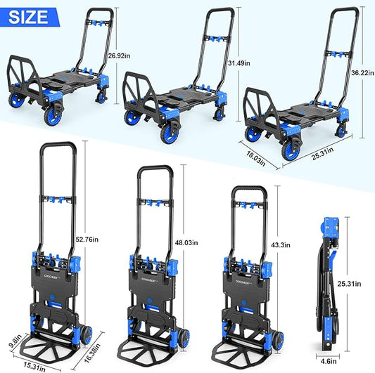 2-in-1 Folding Hand Truck Dolly with Basket, 330LB Load Carrying, Foldable Dolly with Retractable Handle and 4 Rubber Wheels, Portable Hand Cart for Moving/Travel/Office(Blue Upgrated)