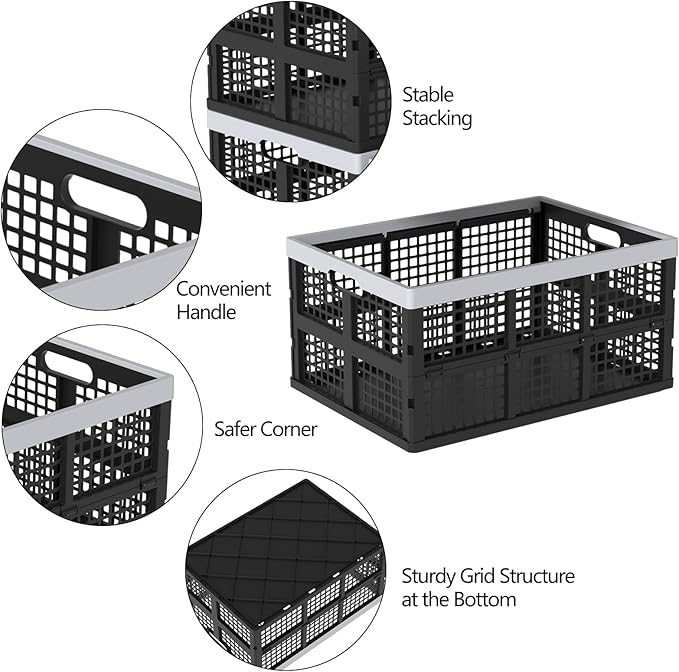 Xyskin 66 L Plastic Folding Storage Crate, Stacking Crate, Portable Collapsible Storage Basket, 4 Packs