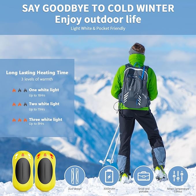 2 Pack Hand Warmers Rechargeable, 6000mAh AI Smart Chips Hand Warmers, Long Lasting Portable Heater for Christmas Xmas, Golf, Hunting Gear, Camping Accessories