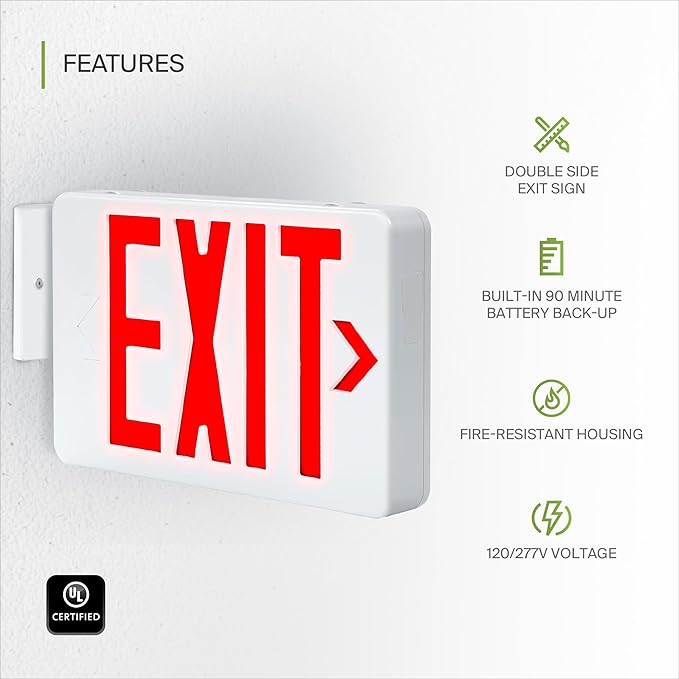 ASD LED Exit Sign with Battery Backup - UL 120/277V Double Face Emergency Exit Light for Business, Office Commercial Hardwired Damp Location Power Outage Lights, Red