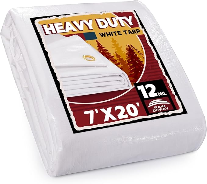 RAINDEWAY 12 Mil Heavy Duty White Tarp 7x20 Feet, UV Resistant, Waterproof, Weatherproof Poly Tarp with Metal Grommets and Reinforced Edges