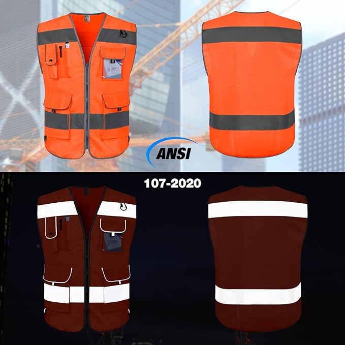 TCCFCCT Hi Vis Vest 9 Pockets High Visibility Reflective Safety Vest for Men Women, Safety Construction Vest with Reflective Strips, Meets ANSI/ISEA Standards, (Orange, Medium)