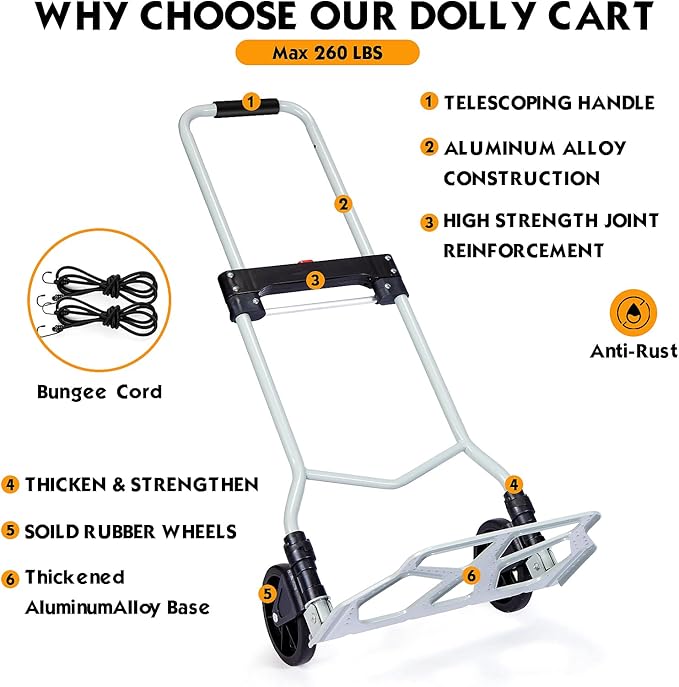 Folding Hand Truck Dolly Cart Portable Foldable Aluminum Luggage Cart Trolley Cart Black Load 260 lbs, with Black Bungee Cord, Telescoping Handle,Solid Aluminium Wheel suspensions, Double Bearings