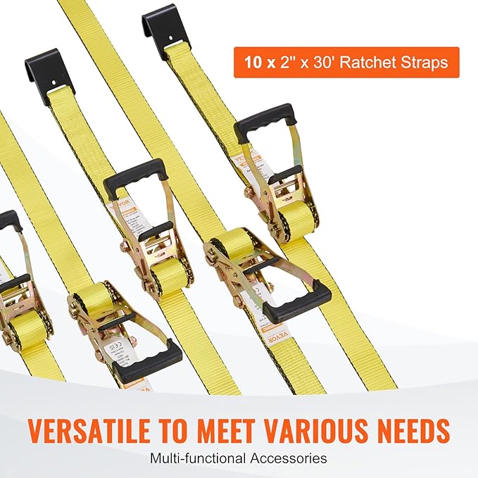 VEVOR Flat Hook Ratchet Straps (10PK), 10,000 lb Break Strength, 2" x 30' Heavy Duty Tie Down Straps, Track Spring Fittings, 3,333 Pound Working Load, for for Flatbed, Truck, Trailers Pickup