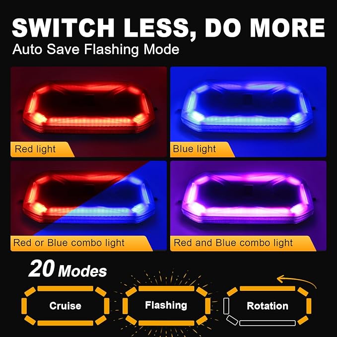Agrieyes Magnetic Strobe Light for Trucks, 68 LED Amber Emergency Light Bar for Vehicles, Smoked LENS Beacon Flashing Warning Security Caution for Plow Snow Trailer Tractor Safety Waterproof Red Blue
