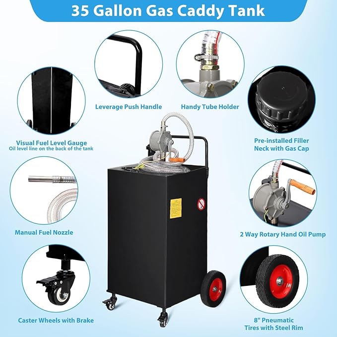 35 Gallon Fuel Caddy with Manual Pump, Heavy Duty Portable Gas & Diesel Transfer Tank on 4 Wheels, Spill-Proof Container for Truck, Tractor, Boat, ATV, Farm,Orange