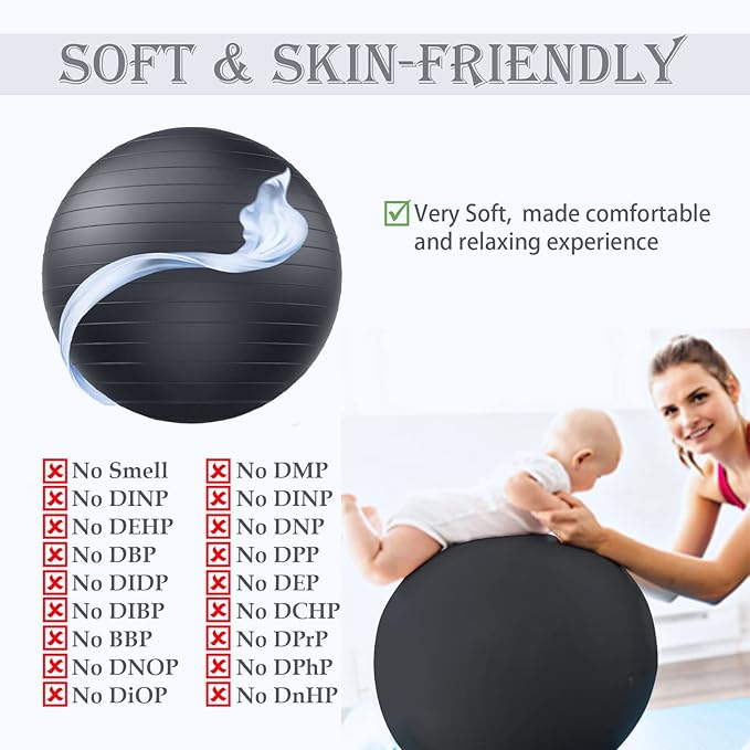 Soft Exercise ball, Anti-Burst Yoga Ball Chair Supports 2200lbs, Workout Equipment w/ Pump for Women Pregnancy, Medicine, Birthing, Physical Therapy, Stability, Excersing, Birth, Swiss, Fitness, Gym