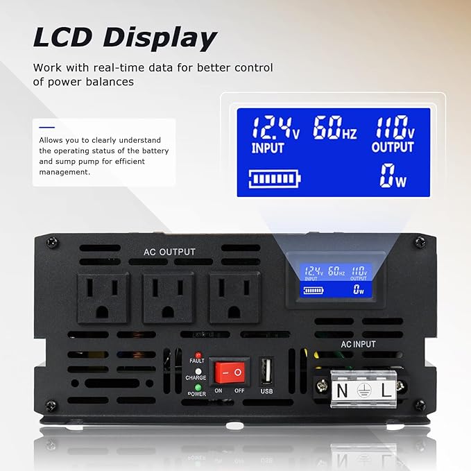 2000W Sump Pump Battery Backup Power System,Basment Protection Sump Pump Inverter with LCD Display and Automatic Battery Backup Switching for Basement Emergency and Power Outage Backup (Gold)