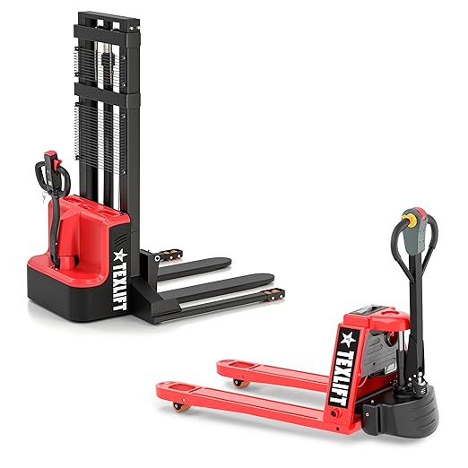 Full Electric Forklift Walkie Pallet Stacker 3300 Lb Capacity 98 Inch Lifting Height and Full Electric Power Pallet Jack 3300 Lb Capacity 48” L x 27” W Fork Size