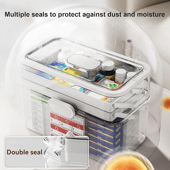 3-Tier Portable Medicine Storage Box, Medical Organizer with Removable Small Medicine Box, Dustproof & Moisture-Proof, Family Size with Transparent Visual Design, Suitable for Home&Travel Use (Clear)