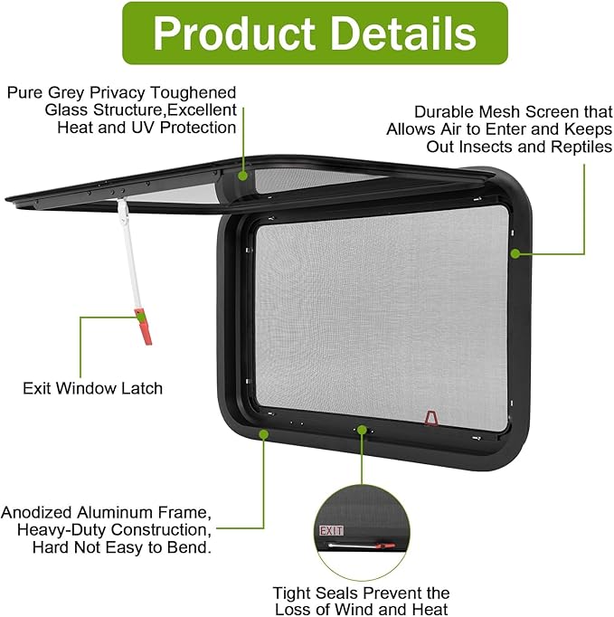 36"x22" RV Emergency Exit Window - DOT-Certified Tempered Glass, Security Lock, Waterproof Aluminum Frame w/Mesh Screen (Fits 1"-1.77" Walls, Complete Kit)