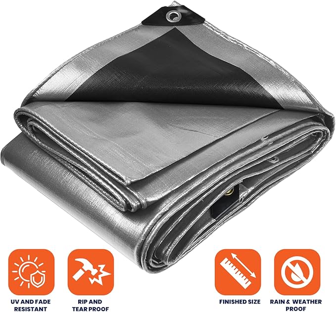 Tarpco Safety Heavy Duty 10 Mil Tarp Cover, Waterproof, UV Resistant, Rip and Tear Proof, Poly Tarpaulin with Reinforced Edges for Camping, Roof, Patio, Pool, Boat. (Silver/Black 40′ X 80′)
