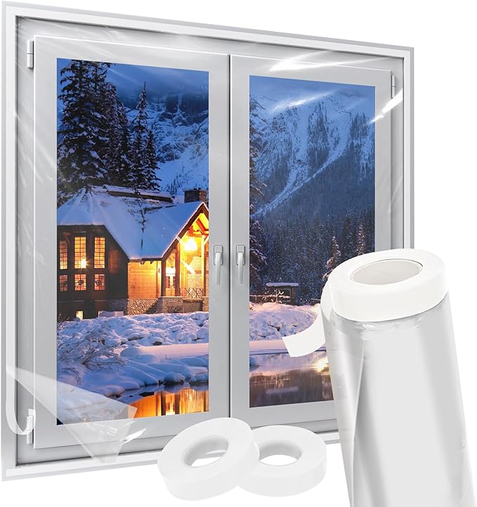 Window Insulation Kit for Winter Fits up to 10 Windows, Plastic Window Winterizing Seal Kit 63 Inch×32 Ft with Double-Sided Tape, Heavy Duty Rolled Shrink Film Easy Installation, Clear