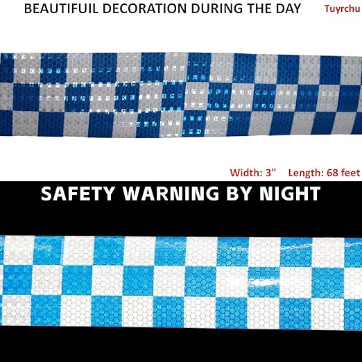 Reflective Tape Blue White 3 inch Wide, Outdoor Waterproof High Visibility Hazard Warning Industrial Marking Tape (68 feet)