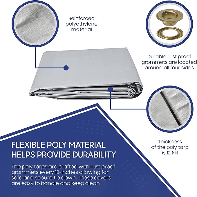 Heavy Duty Waterproof Tarp 6x8 | 12 Mil Thick Silver Poly Tarpaulin with Aluminum Grommets | Large Outdoor Weatherproof Cover for Roof, Landscaping | UV Resistant Tarp with Reinforced Edges