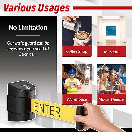 DuraSteel Wall Mount Retractable Belt Barrier - 6.5 Ft Yellow “Do Not Enter” Belt in Black Case - Guardian 2.0 Indoor & Outdoor Caution Tape for Crowd Control Queue Barrier, Line Divider, 10 Pcs